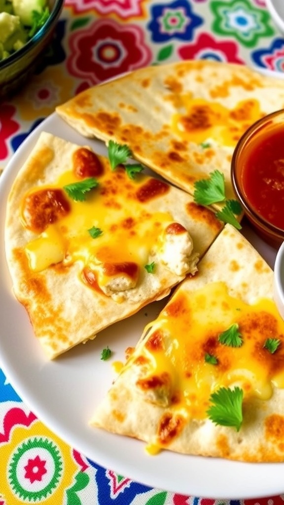 Cheesy chicken quesadillas cut into wedges, served with sour cream and salsa on a colorful tablecloth.